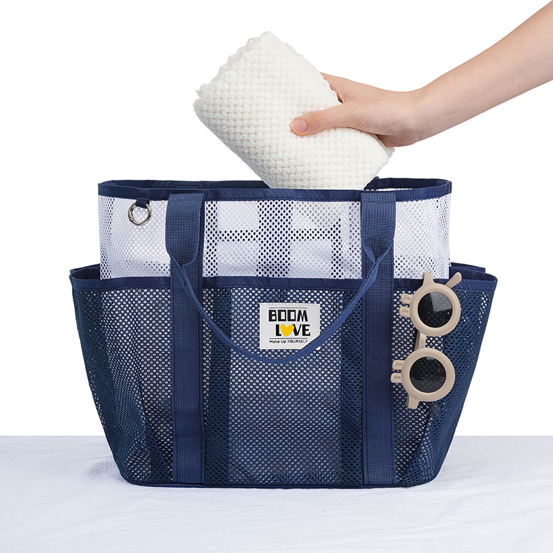 Large Mesh Beach Tote Bag, Multi-Pockets Breathable Swim Bag Portable Handbag Shoulder Bag for Swimming, Beach Travel, Pool Gym, Hold Towel Swimwear Toiletries Toys, Quick Dry Sandproof Lightweight Storage Handbag(Navy blue)