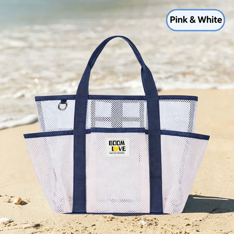 Large Mesh Beach Tote Bag, Multi-Pockets Breathable Swim Bag Portable Handbag Shoulder Bag for Swimming, Beach Travel, Pool Gym, Hold Towel Swimwear Toiletries Toys, Quick Dry Sandproof Lightweight Storage Handbag(Light pink)