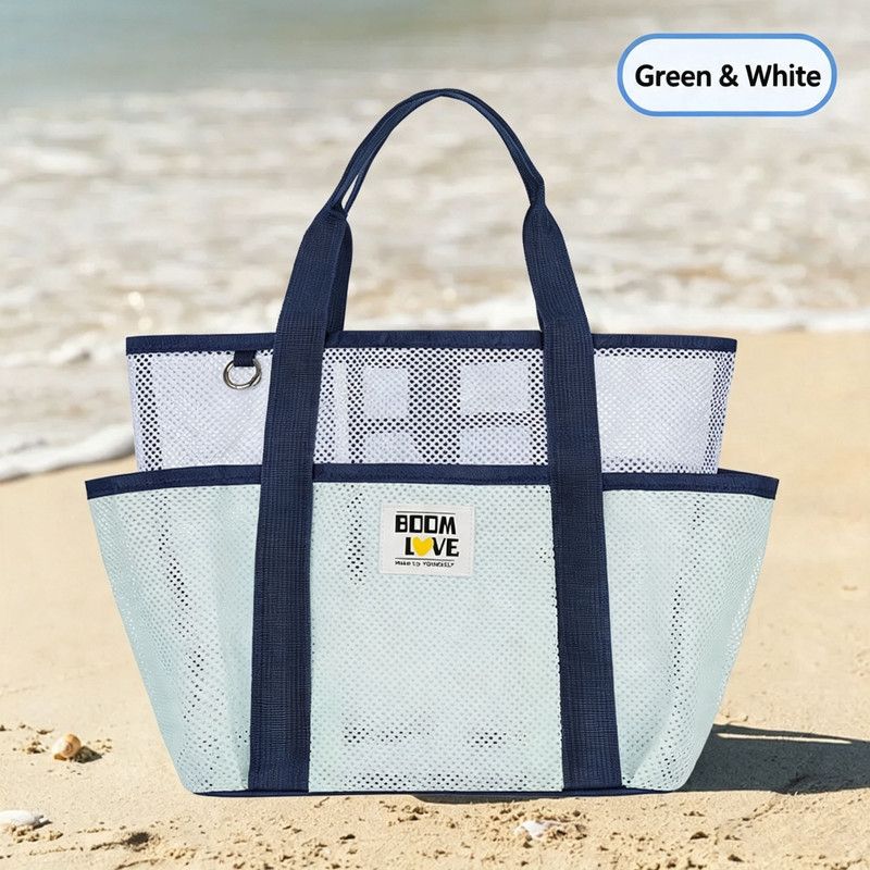 Large Mesh Beach Tote Bag, Multi-Pockets Breathable Swim Bag Portable Handbag Shoulder Bag for Swimming, Beach Travel, Pool Gym, Hold Towel Swimwear Toiletries Toys, Quick Dry Sandproof Lightweight Storage Handbag(Light green)