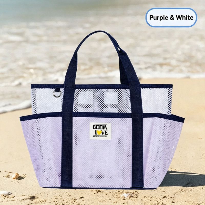Large Mesh Beach Tote Bag, Multi-Pockets Breathable Swim Bag Portable Handbag Shoulder Bag for Swimming, Beach Travel, Pool Gym, Hold Towel Swimwear Toiletries Toys, Quick Dry Sandproof Lightweight Storage Handbag(Light purple)