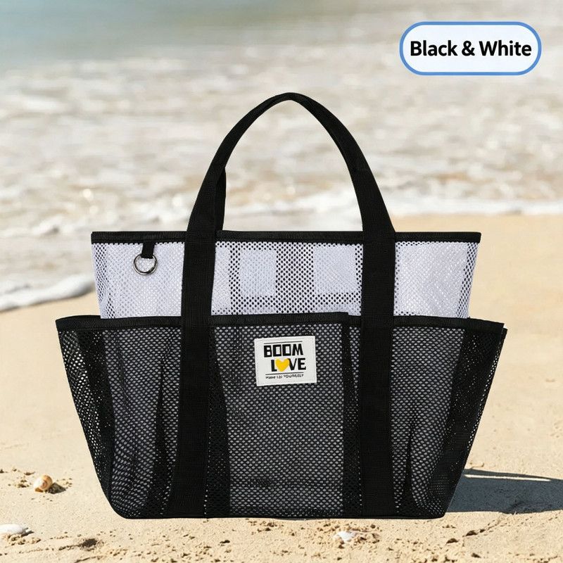 Large Mesh Beach Tote Bag, Multi-Pockets Breathable Swim Bag Portable Handbag Shoulder Bag for Swimming, Beach Travel, Pool Gym, Hold Towel Swimwear Toiletries Toys, Quick Dry Sandproof Lightweight Storage Handbag(Black and white)