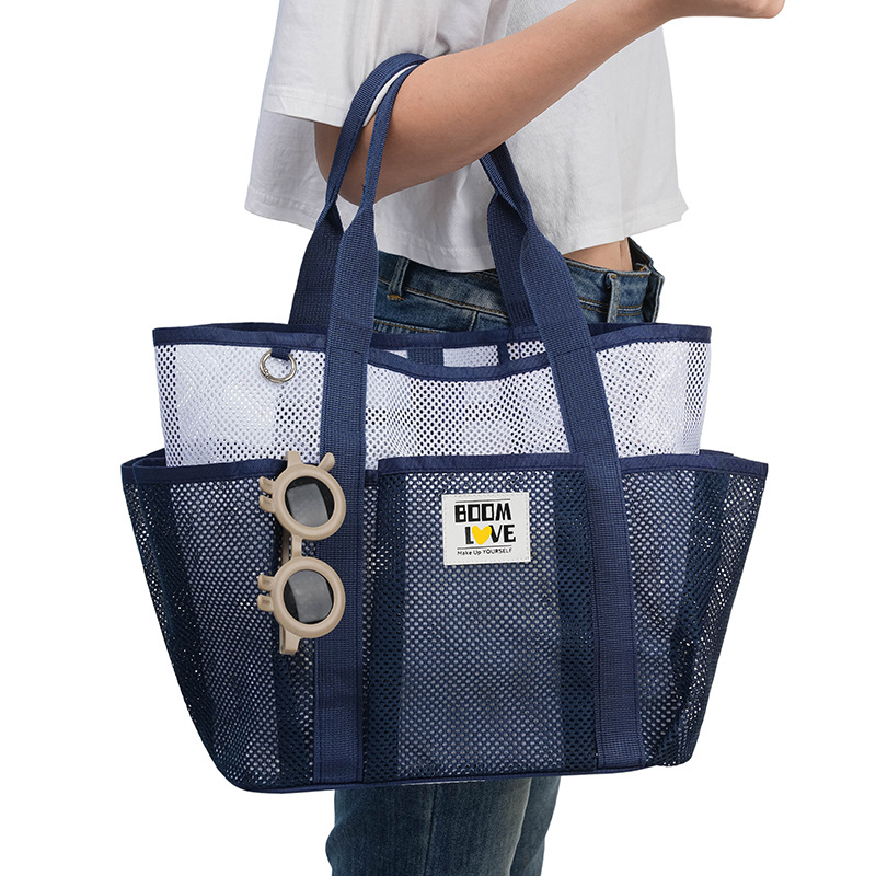 Large Mesh Beach Tote Bag, Multi-Pockets Breathable Swim Bag Portable Handbag Shoulder Bag for Swimming, Beach Travel, Pool Gym, Hold Towel Swimwear Toiletries Toys, Quick Dry Sandproof Lightweight Storage Handbag(Black and white)