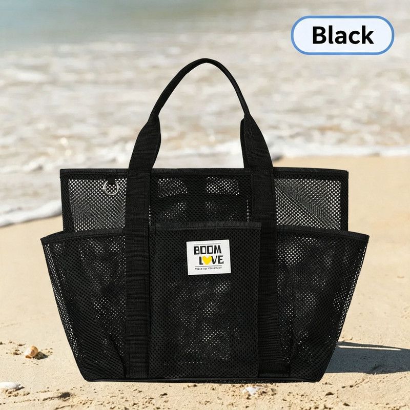 Large Mesh Beach Tote Bag, Multi-Pockets Breathable Swim Bag Portable Handbag Shoulder Bag for Swimming, Beach Travel, Pool Gym, Hold Towel Swimwear Toiletries Toys, Quick Dry Sandproof Lightweight Storage Handbag(Black)