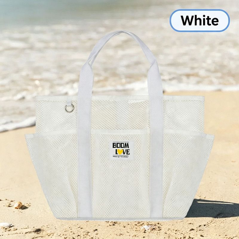 Large Mesh Beach Tote Bag, Multi-Pockets Breathable Swim Bag Portable Handbag Shoulder Bag for Swimming, Beach Travel, Pool Gym, Hold Towel Swimwear Toiletries Toys, Quick Dry Sandproof Lightweight Storage Handbag(White)