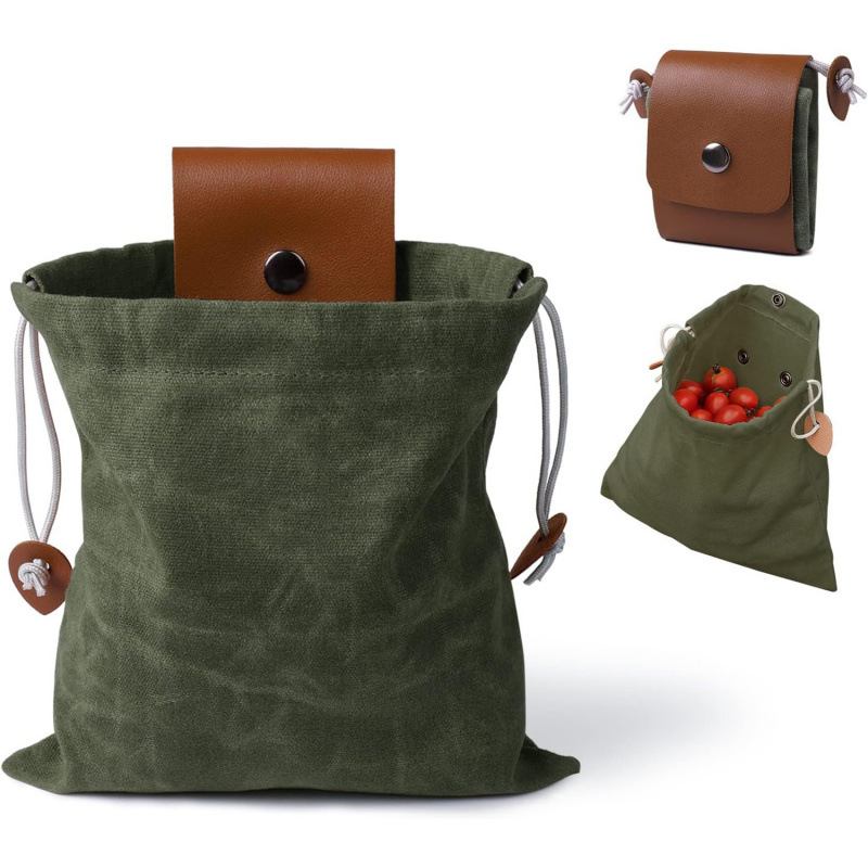Collection bag - outdoor fruit picking bag - waxed canvas collection bag - foldable leather waist bag with drawstring - multifunctional picking bag for camping, shells, treasures, travel, hiking - brown