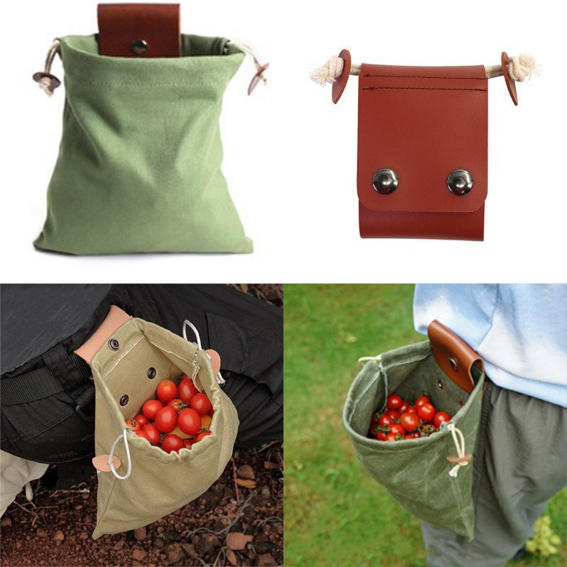 Collection bag - outdoor fruit picking bag - waxed canvas collection bag - foldable leather waist bag with drawstring - multifunctional picking bag for camping, shells, treasures, travel, hiking - brown