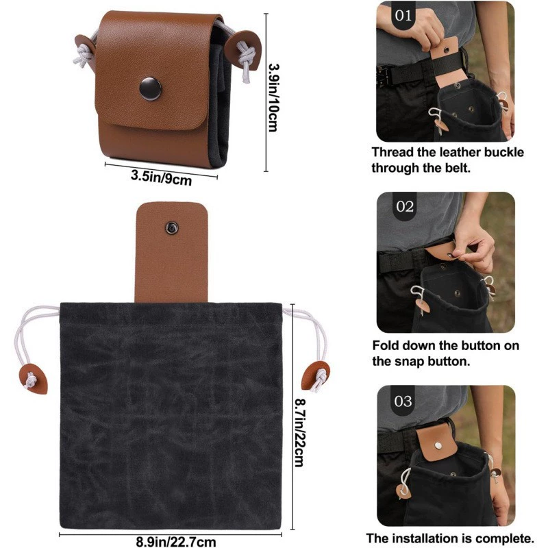 Collection bag - outdoor fruit picking bag - waxed canvas collection bag - foldable leather waist bag with drawstring - multifunctional picking bag for camping, shells, treasures, travel, hiking - brown