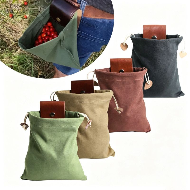 Collection bag - outdoor fruit picking bag - waxed canvas collection bag - foldable leather waist bag with drawstring - multifunctional picking bag for camping, shells, treasures, travel, hiking - Army green
