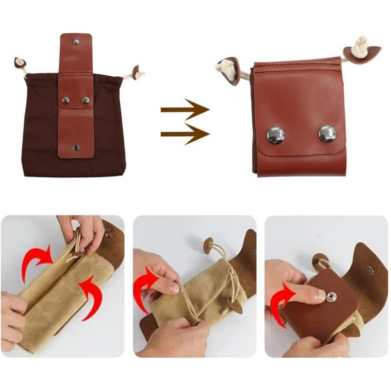 Collection bag - outdoor fruit picking bag - waxed canvas collection bag - foldable leather waist bag with drawstring - multifunctional picking bag for camping, shells, treasures, travel, hiking - Army green