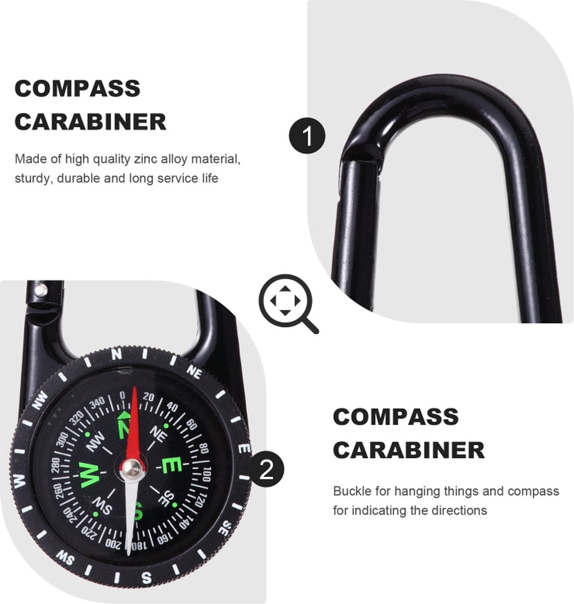 Multifunctional 1-in-1 Compass & Carabiner | Multitool | Belt Clip | Portable | Extra Strong | Survival | Black