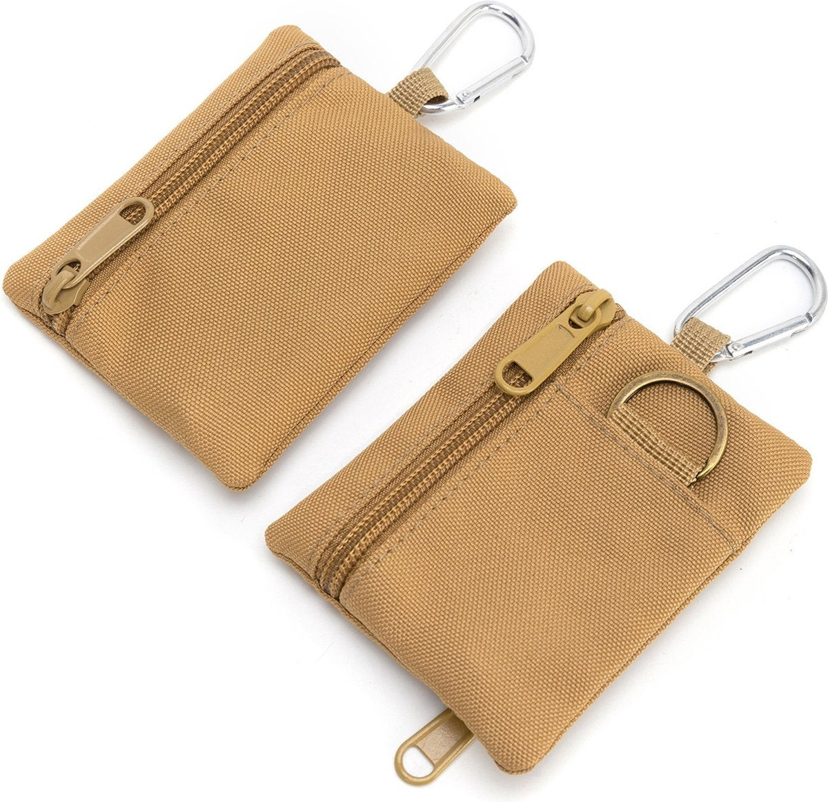 Survival Coin Holder | Card Holder | Coin Storage | Zipper | With Carabiner & Key Ring | For Camping, Traveling, etc. | 9 x 10 cm | Beige