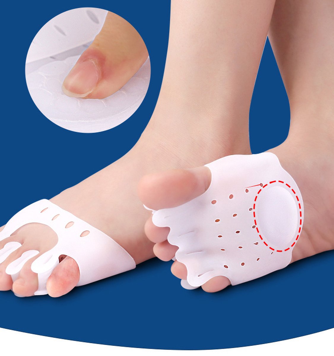 Silicone Toe Corrector 5-Hole | Toe Spreader | Hallux Valgus | Straighten Toes | Shock Absorbing | With Holes | White | 1 Pair