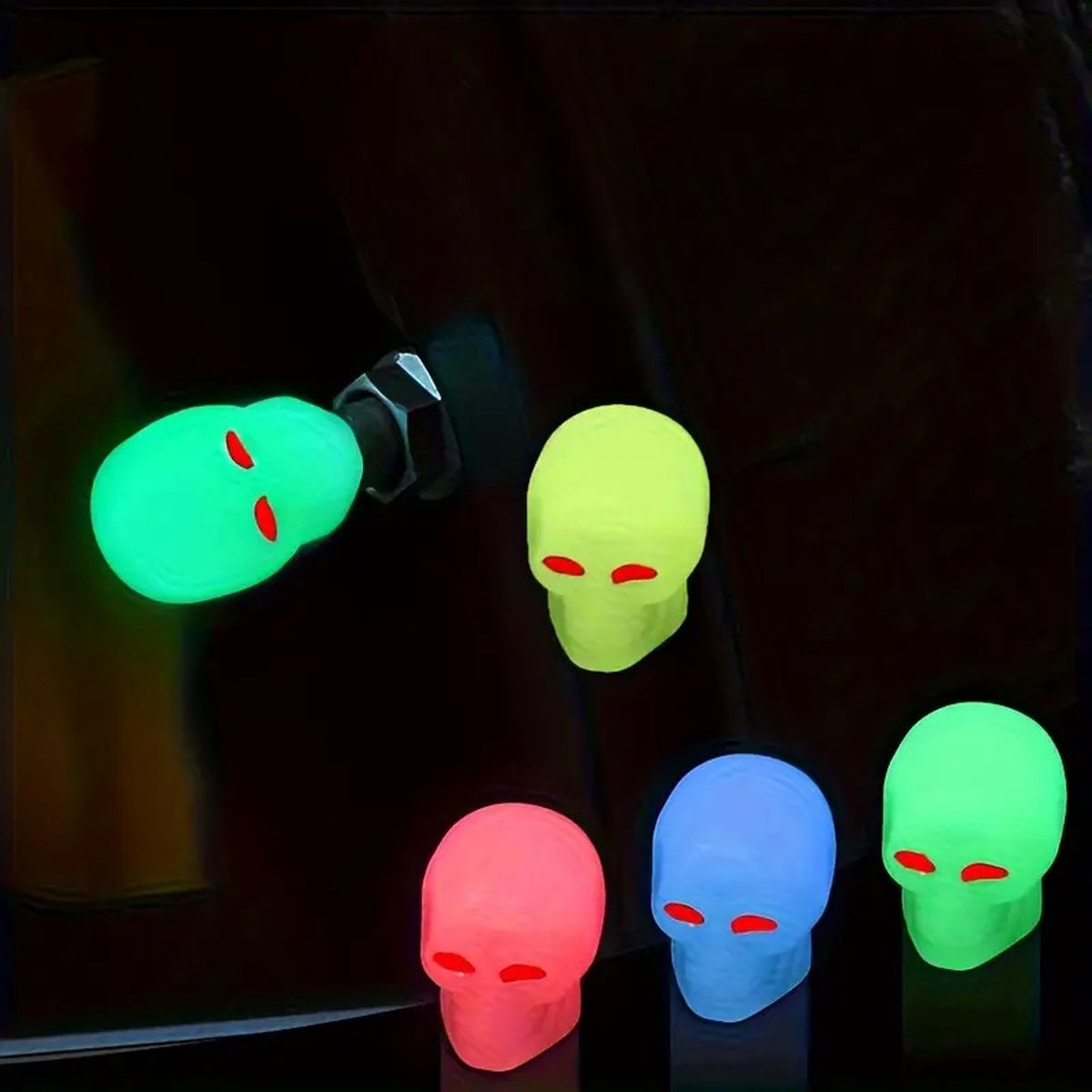 Glow In Dark Valve Caps | Car Valve Cap | Skull | Also For Motorcycle, Bicycle, Scooter | Set of 4 | Green