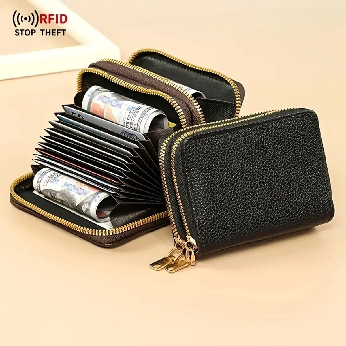 Luxury Double Zipper Wallet & Card Holder | Wallet | For Letters, 11 Cards & Coins | PU Leather | Black