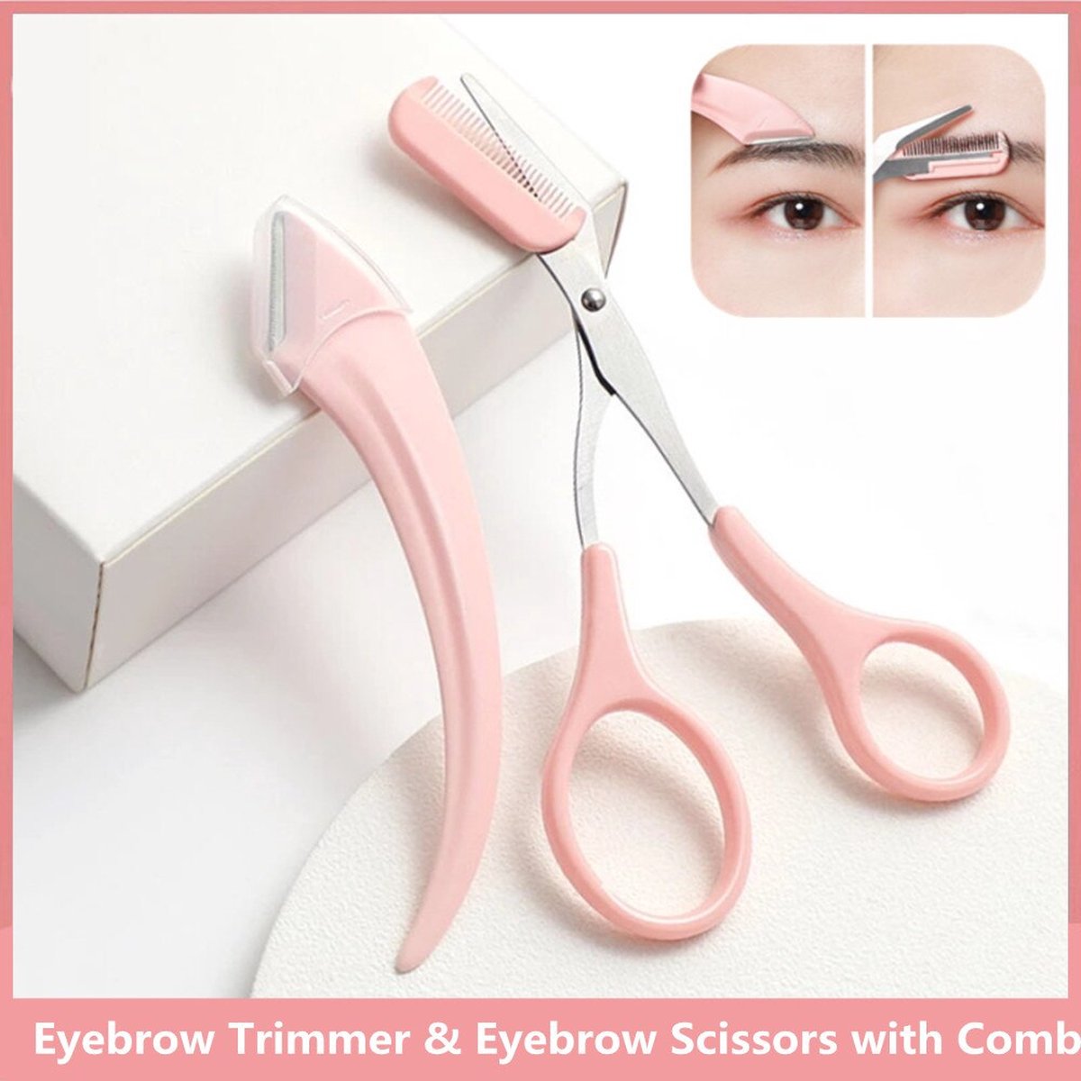 Eyebrow Scissors | Small Eyebrow Scissors | Eyebrow Comb | Scissors and Trimmer | With 2 Eyebrow Blades | Pink