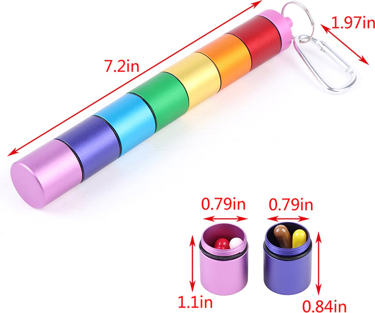 Pill Box | Pill Box | Medicine Box | Reversible | Aluminum | Pill Box Tube | 8 Compartments | Reversible | Incl. Carabiner | Multicolor