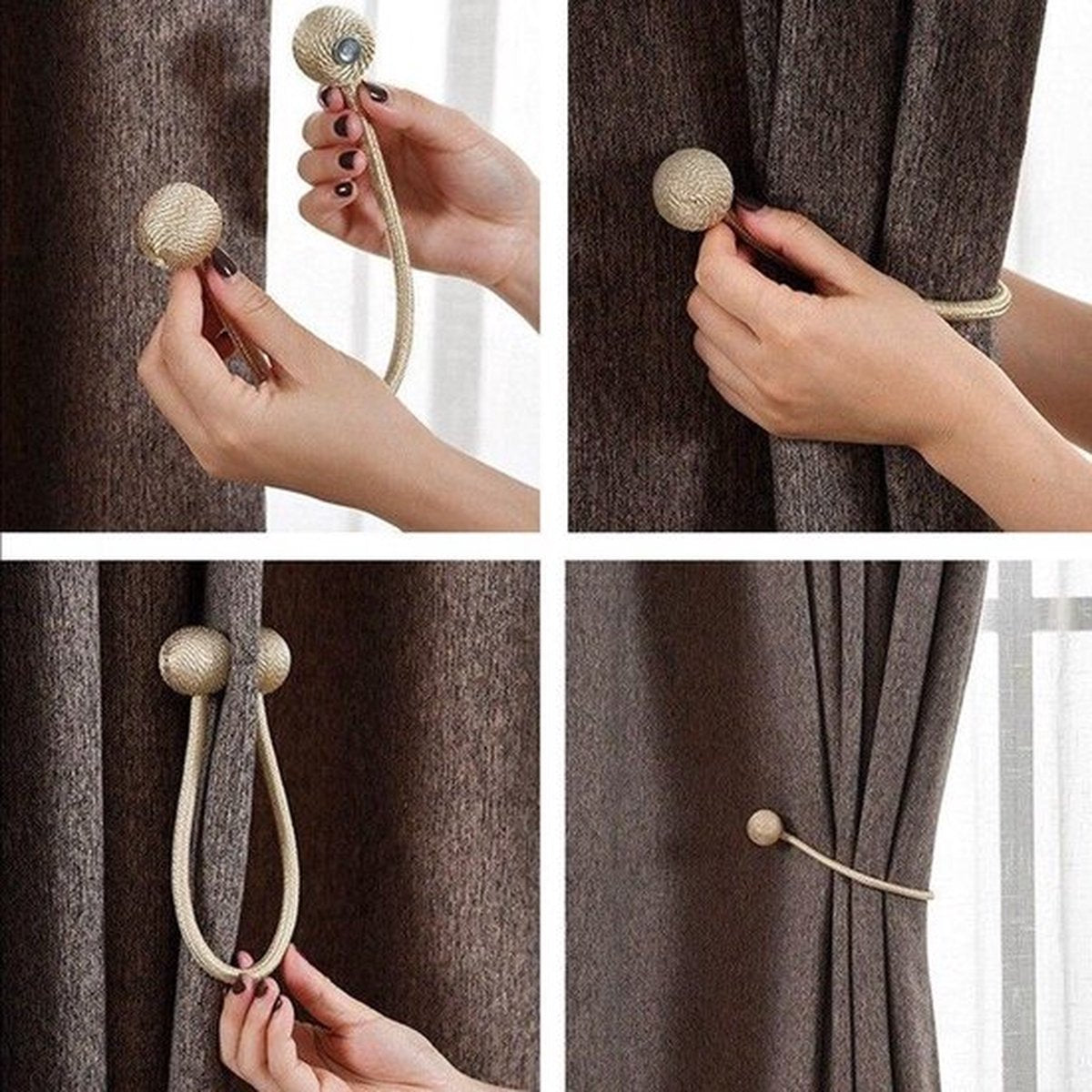 Set of 2 Magnetic Curtain Holders | Curtain Tieback | Curtain Holder | Magnetic Curtain Cord | Curtain Buckle | Universal | Beige