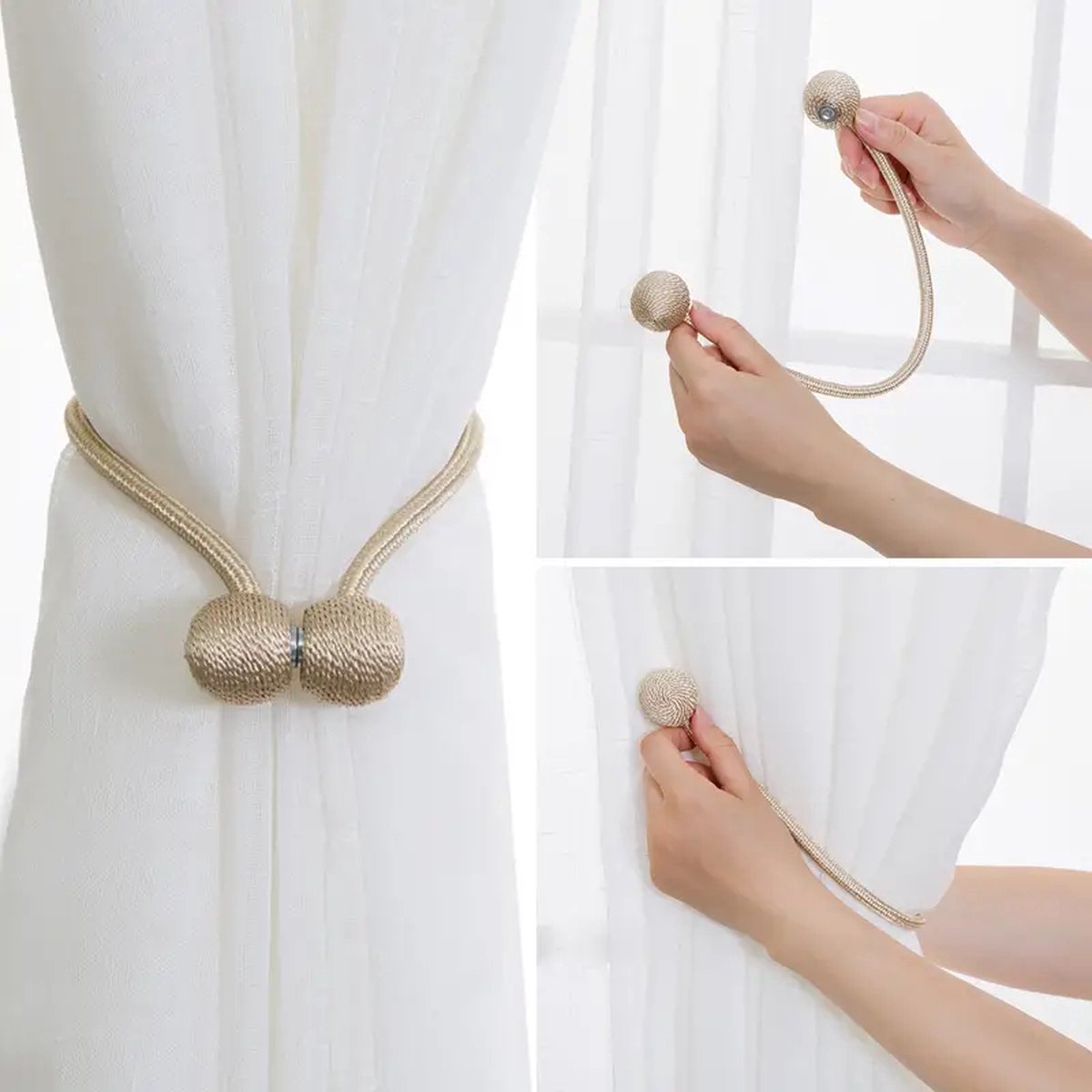 Set of 2 Magnetic Curtain Holders | Curtain Tieback | Curtain Holder | Magnetic Curtain Cord | Curtain Buckle | Universal | Beige