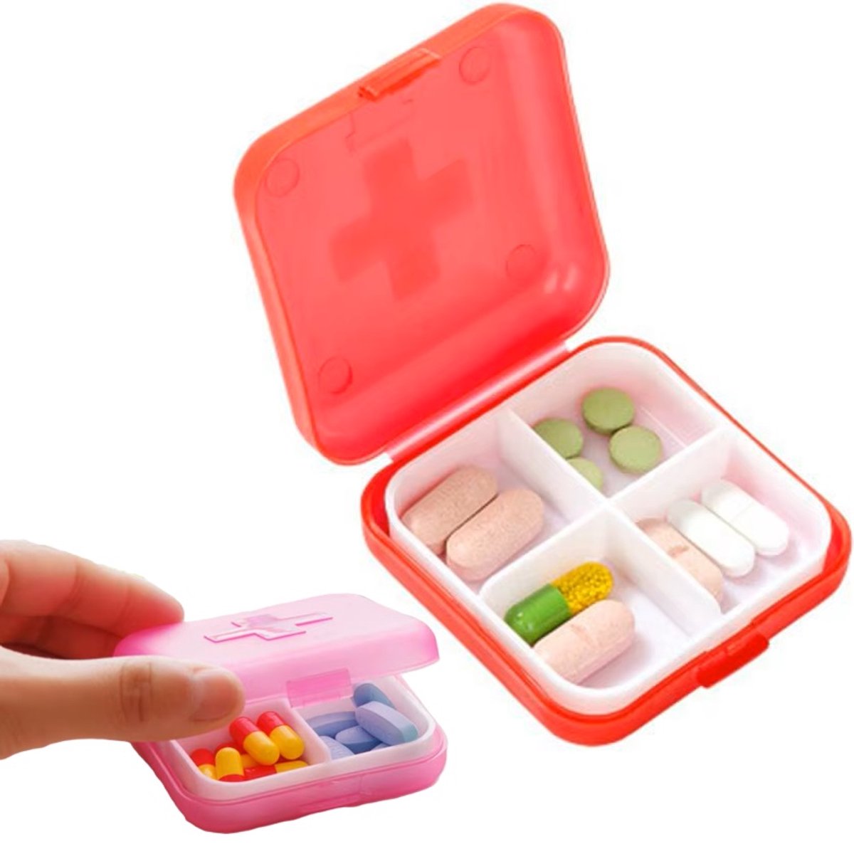 Medicine box | Pill box | Pill case | 4 compartments | Sealed | Red