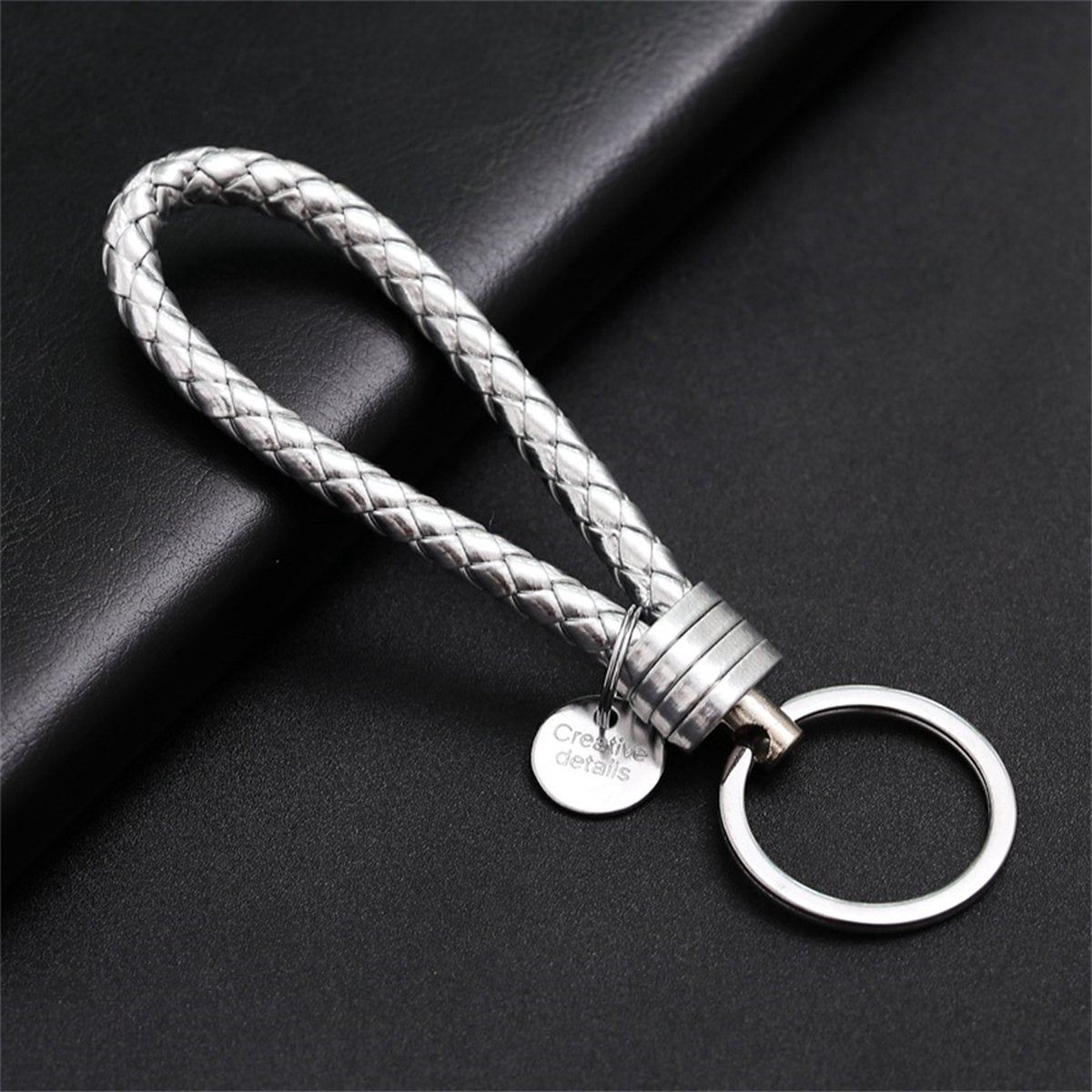 Luxury PU Leather Keychain | Key Holder | Woven Keychain | Universal | Silver