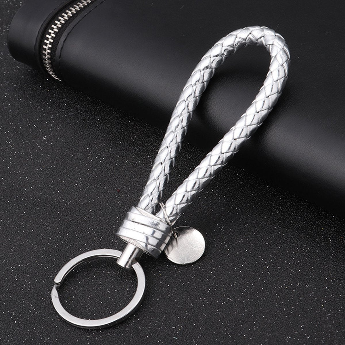 Luxury PU Leather Keychain | Key Holder | Woven Keychain | Universal | Silver