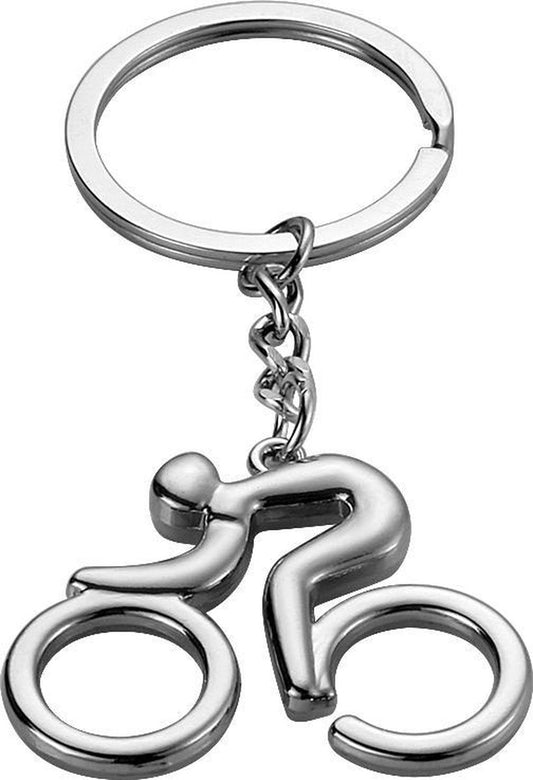 Metal cyclist keychain, length approx. 8.5 cm, width approx. 4 cm.