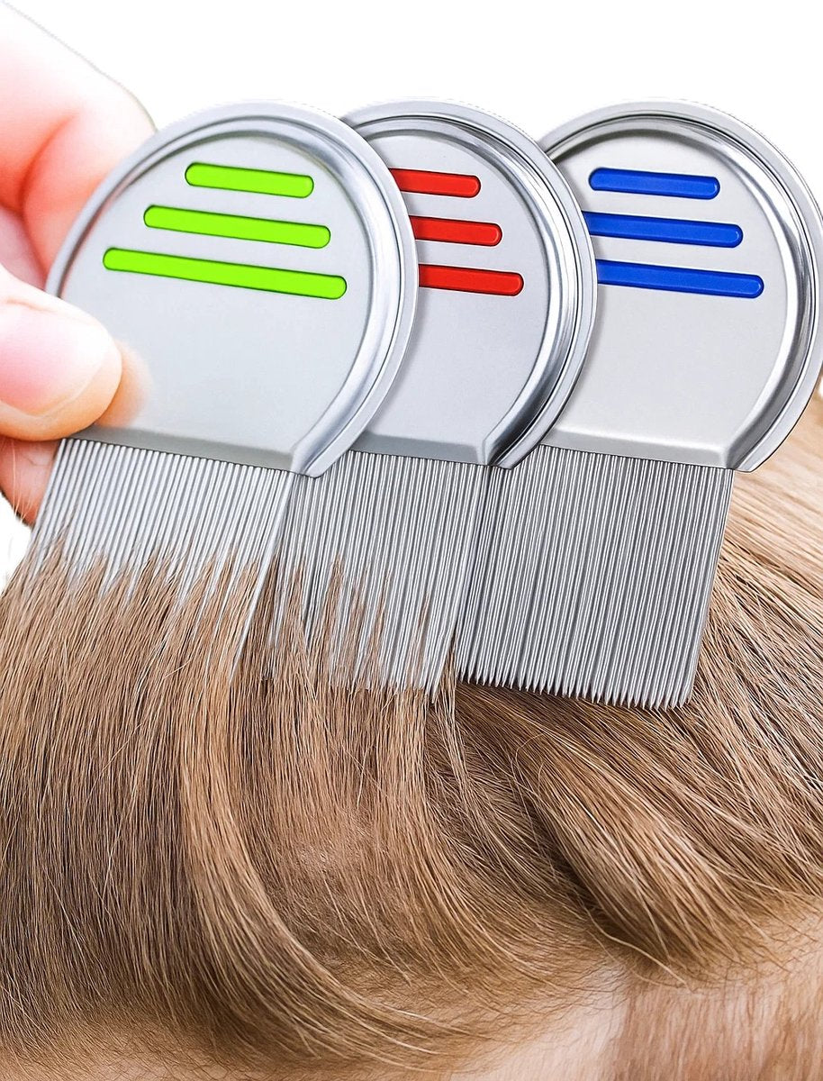 Set of 3 Lice Combs | Lice Brush | Flea Comb | Nits Comb | Dust Comb | Lice Remover | Stainless Steel | Green, Blue & Red