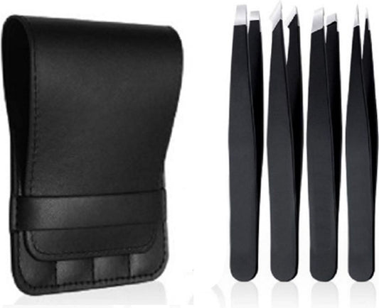 Eyebrow Plucking Tweezers Set | 4-Piece | Tweezers | With Luxury Storage Case | Black