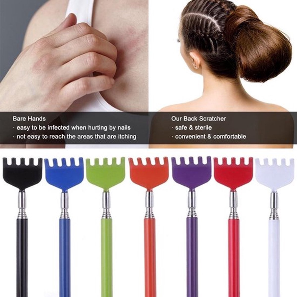 2x Extendable Back Scratcher | Adjustable Back Scratcher | Massage Scratcher | Telescopic Back Scratcher | Up to 56 CM | Stainless Steel | Red