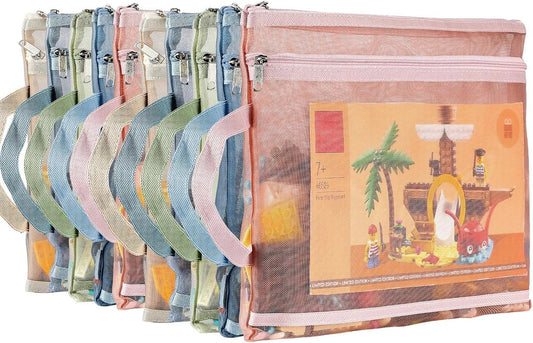 Colorful mesh storage bags with zippers - 10-pack - A4 size, double-layer nylon material - suitable for storing and organizing puzzle sets, building blocks, and toys - breathable and transparent bags with zippers and handles - suitable for