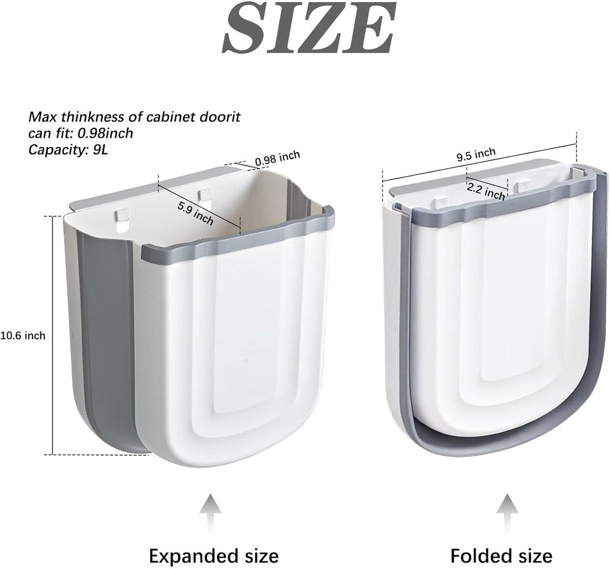Foldable hanging trash can - Small 2.4 gallon waste bin for countertop and cabinet - Wall-mounted plastic waste bin for kitchen, bathroom, bedroom - Space-saving gray design