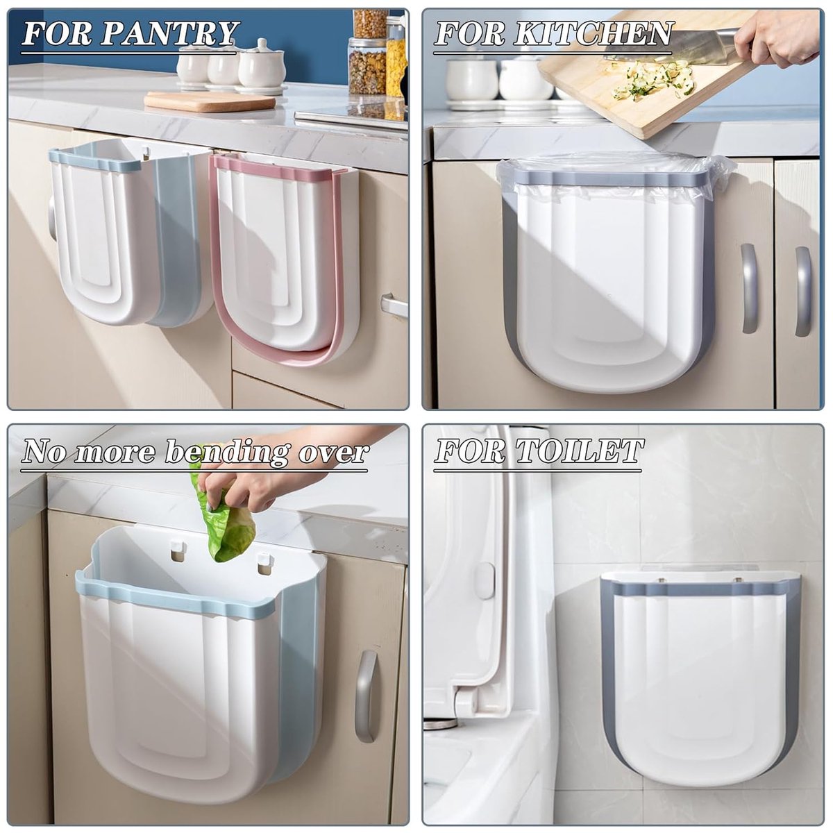Foldable hanging trash can - Small 2.4 gallon waste bin for countertop and cabinet - Wall-mounted plastic waste bin for kitchen, bathroom, bedroom - Space-saving gray design