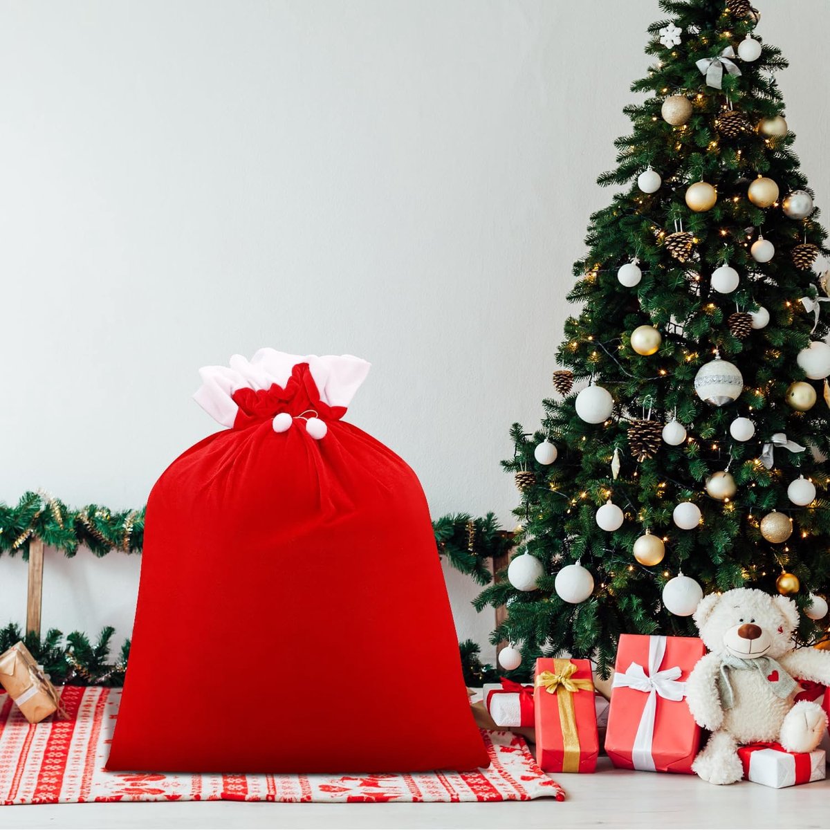 Large Santa Christmas Bag with Drawstring - Reusable Extra Large Christmas Bags - Red Soft Velvet Drawstring Bags for -100*70cm - Gift Wrapping, Party and Tree Decoration