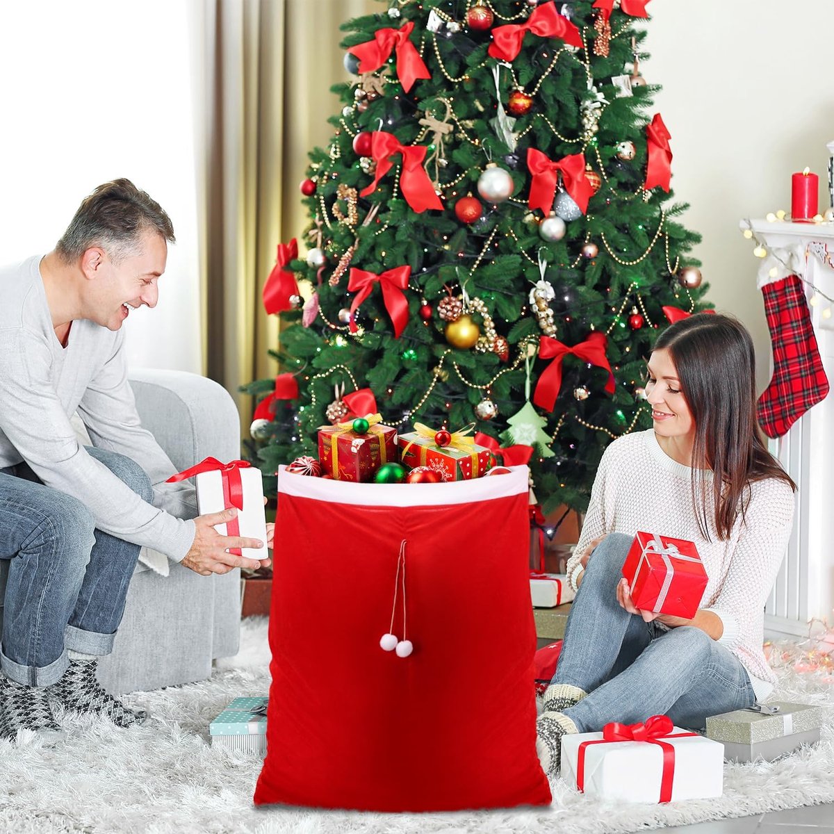 Large Santa Christmas Bag with Drawstring - Reusable Extra Large Christmas Bags - Red Soft Velvet Drawstring Bags for -100*70cm - Gift Wrapping, Party and Tree Decoration