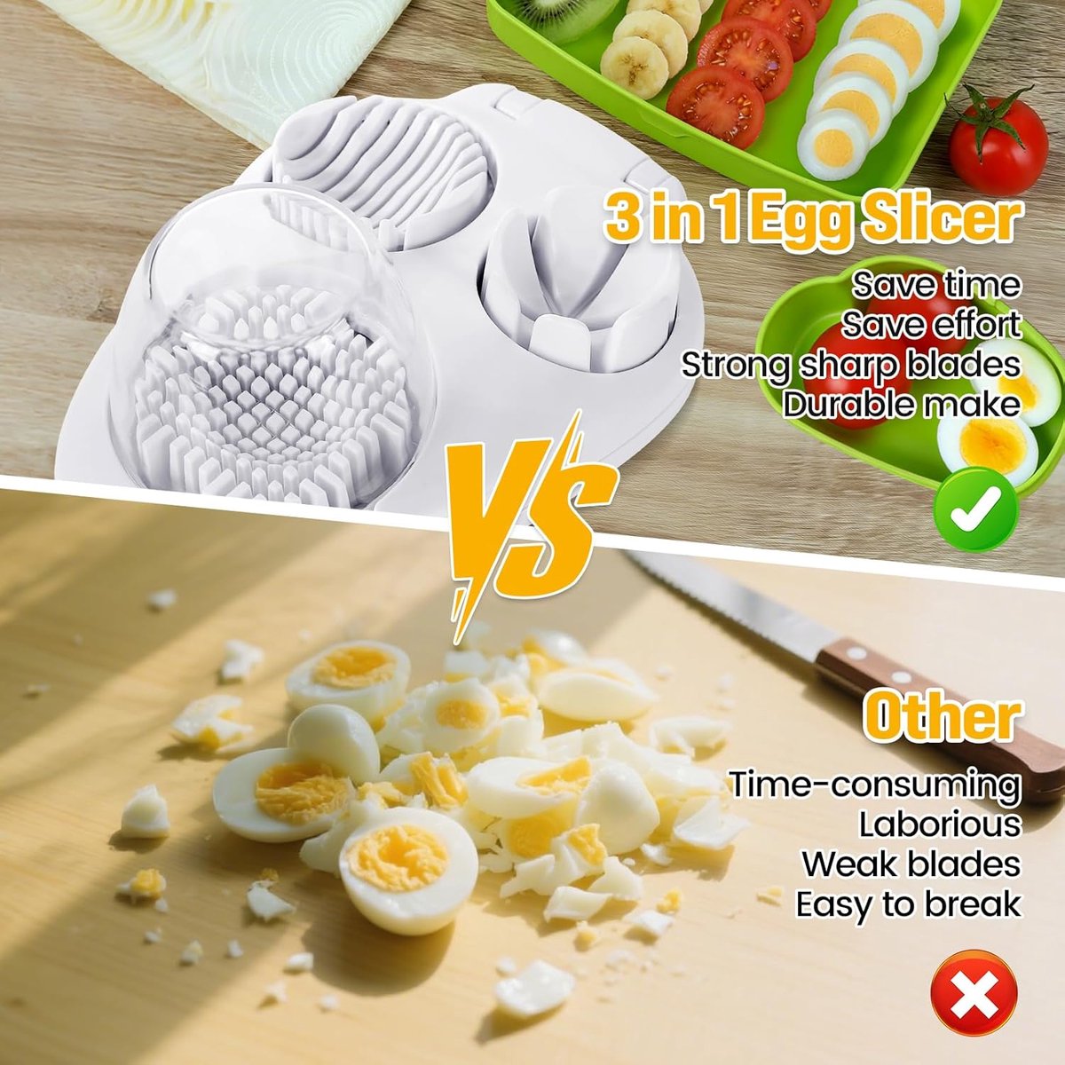 Egg Slicer - Multifunctional Egg Slicer - Egg Slicer with 3 Settings - Dishwasher Safe - Kitchen Gadget for Eggs - Suitable for Strawberries, Apples, Bananas, Cherries, Tomatoes, and Grapes,