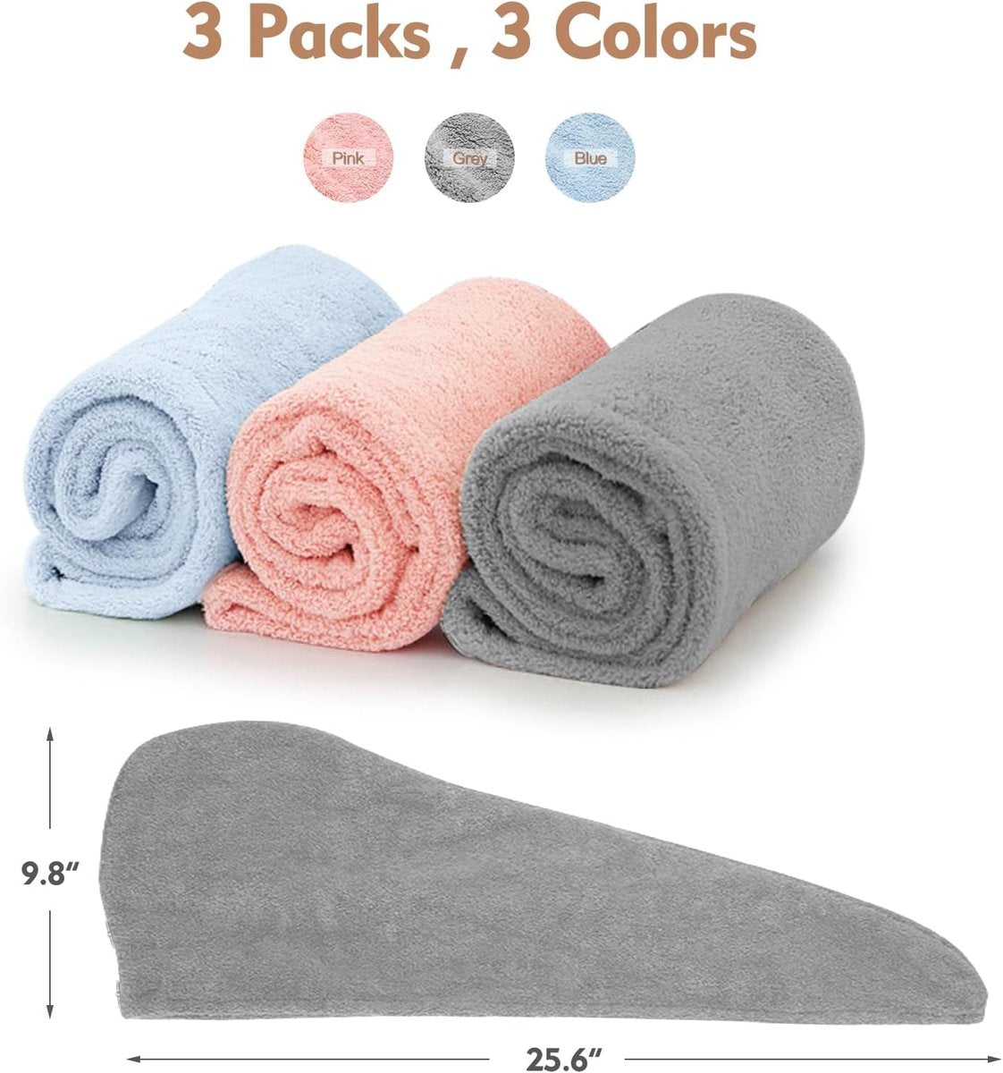 3-pack hair towels - Anti-frizz hair dryer wraps for curly hair - Fast-drying head towel accessories for women, teenagers, and children - Ideal as a Christmas gift and as a gift for mothers
