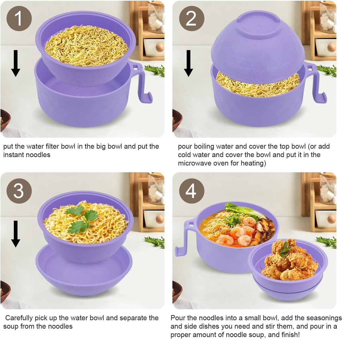 Microwave noodle bowl - 6-in-1 ramen cooker with lid, strainer, chopsticks - 33oz instant noodle soup bowl with handle and phone holder
