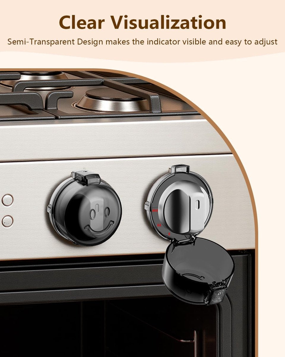 5 child-safe covers for stove knobs - heat-resistant and oil-resistant protectors - strong adhesive locks for gas stove and oven knobs, semi-transparent black