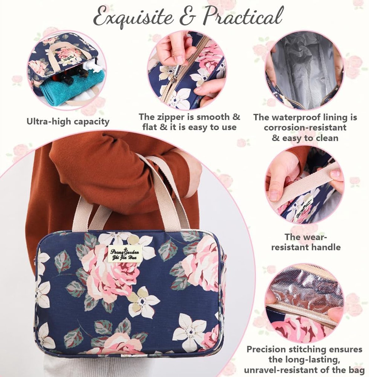 Women's toiletry bag - Large makeup bag - With handle - Waterproof - Portable - Suitable for camping and travel - Makeup bag with floral pattern