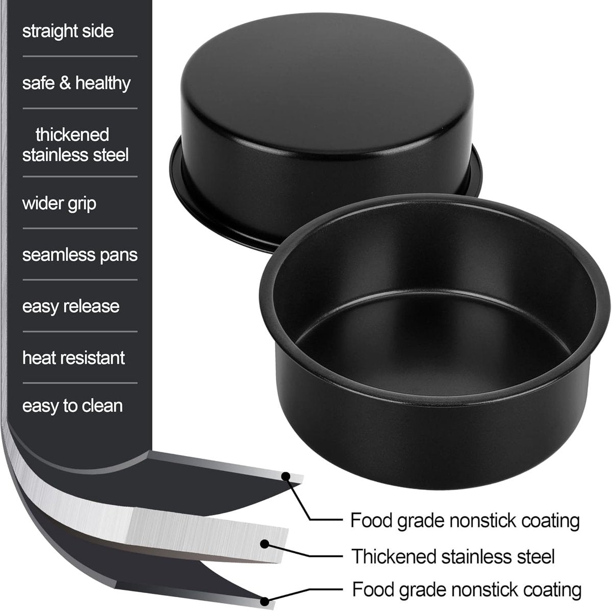 baking pans - round baking pans of 10 cm and 15 cm - stainless steel with non-toxic coating - easy to clean and release - 5 cm deep straight sides
