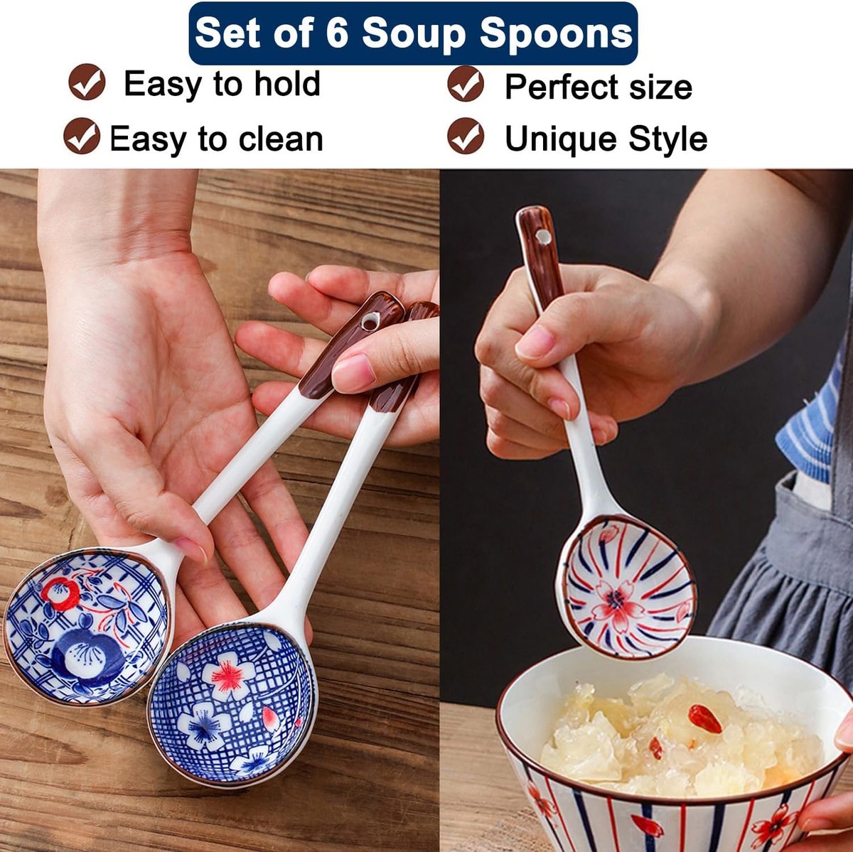Set of ceramic soup spoons - 6 long-handled Japanese spoons - Easy-to-hold utensils for ramen, wonton, and miso soup - Elegant spoons for noodles and dumplings