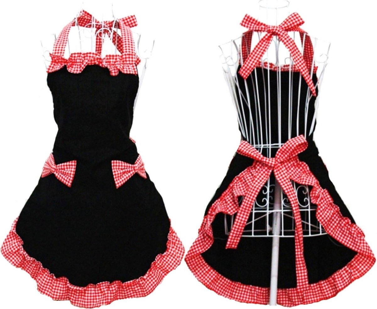 Kitchen Apron - Catering Apron - Pottery Apron - BBQ Apron - Painting Apron - Carpenter's Apron - flirty vintage aprons for womanhood girls with pockets as a Mother's Day gift (Black and red)