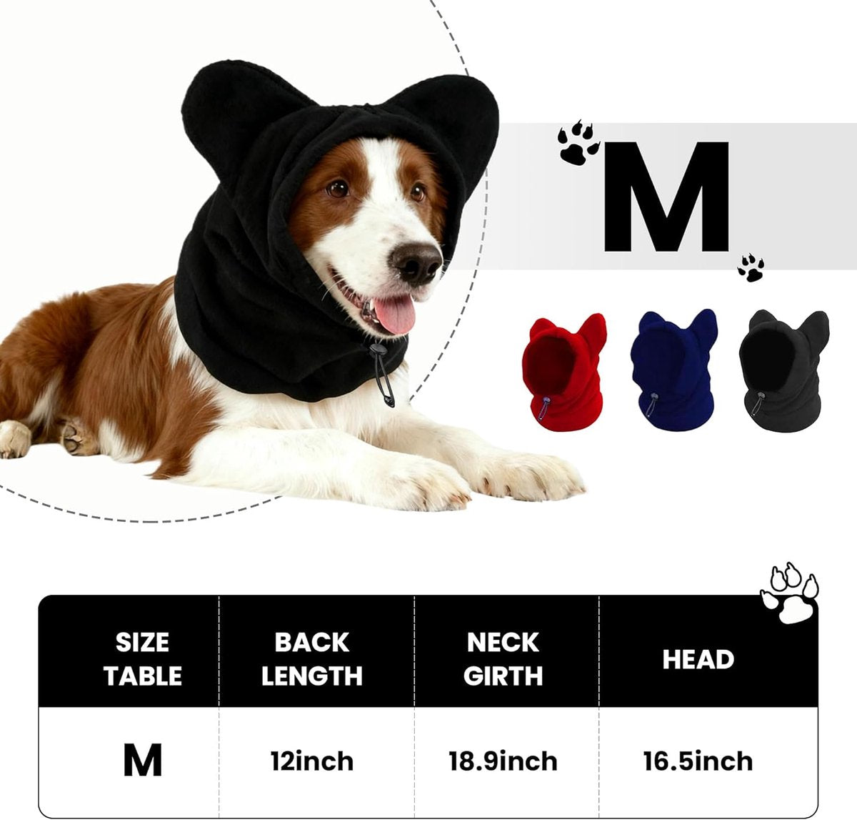 Dog emergency winter cone with ear protection, fleece neck warmer for dogs, (black, M)