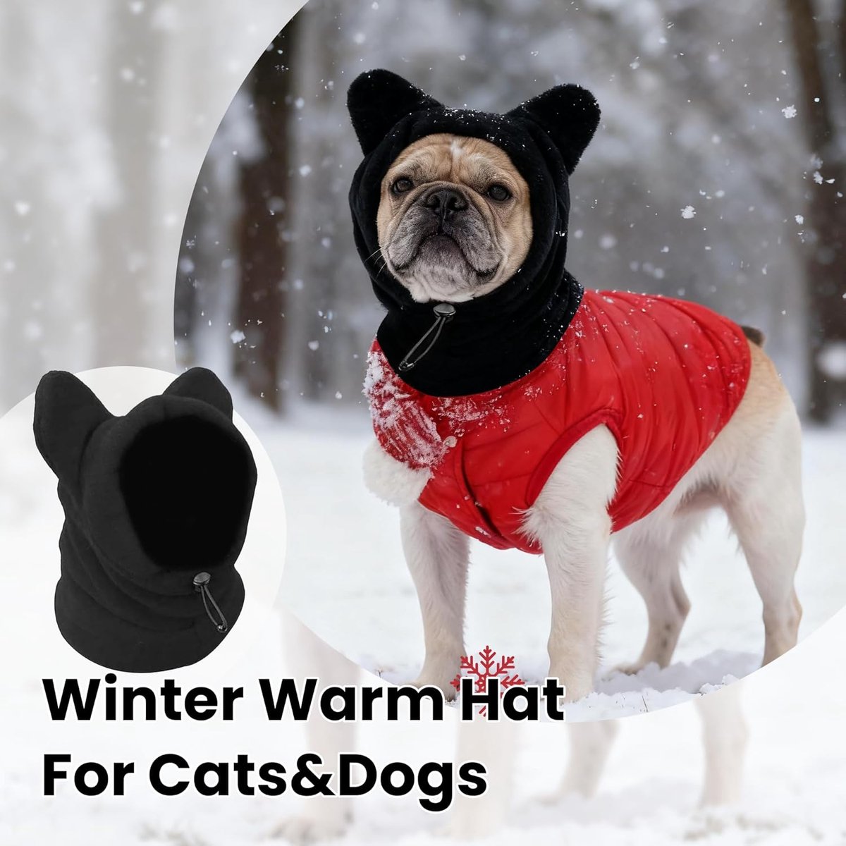 Dog emergency winter cone with ear protection, fleece neck warmer for dogs, (black, M)