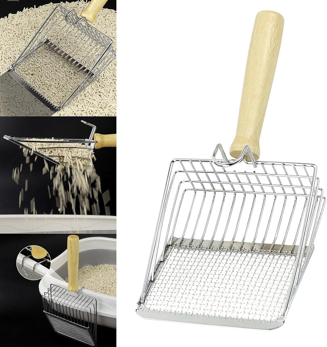 Stainless Steel Cat Litter Scoop with Wooden Handle - Two-in-One Function - Standard Included