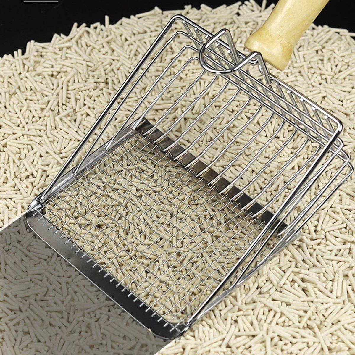 Stainless Steel Cat Litter Scoop with Wooden Handle - Two-in-One Function - Standard Included