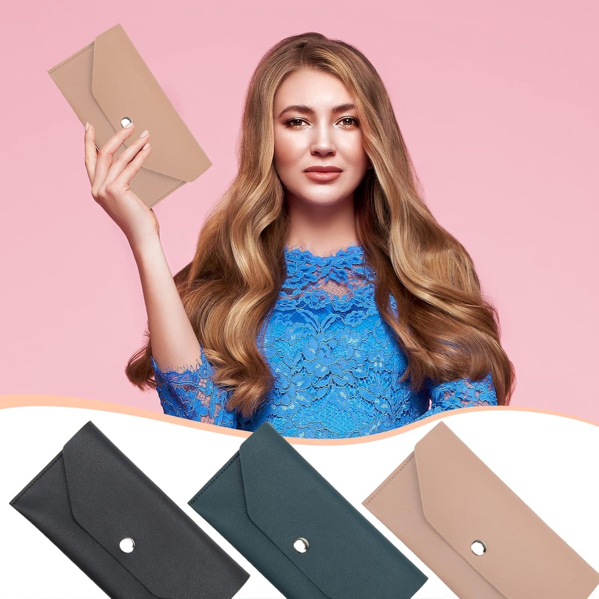 PU leather money envelope bag - 3 reusable budget envelopes for spring festivals, weddings, birthdays, graduations, and holidays (black, pink, dark blue)