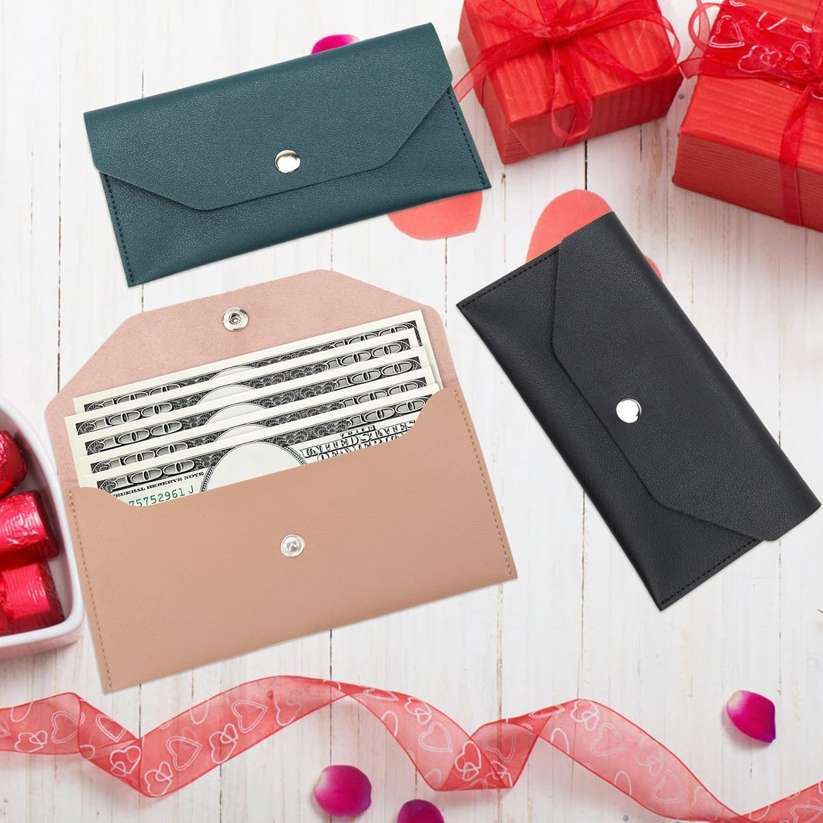 PU leather money envelope bag - 3 reusable budget envelopes for spring festivals, weddings, birthdays, graduations, and holidays (black, pink, dark blue)