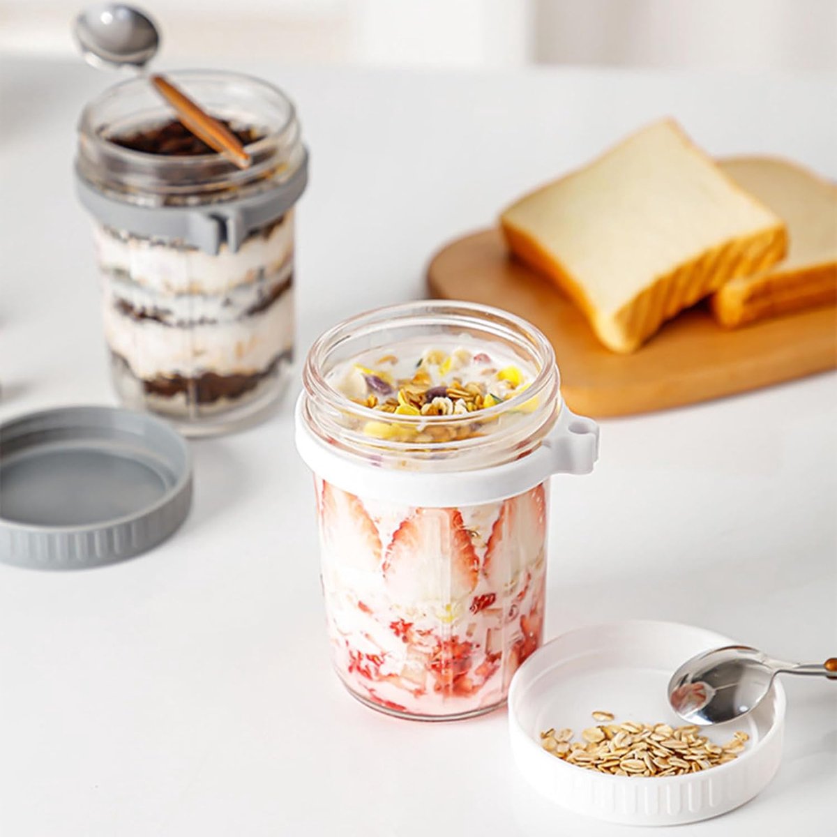2-Pack Overnight Oatmeal Jars - With lid and spoon - 12 oz jars - For storing oatmeal overnight - With measuring lines - Large airtight jars - Also suitable for storing milk, fruit, and breakfast cereals (white + grey)