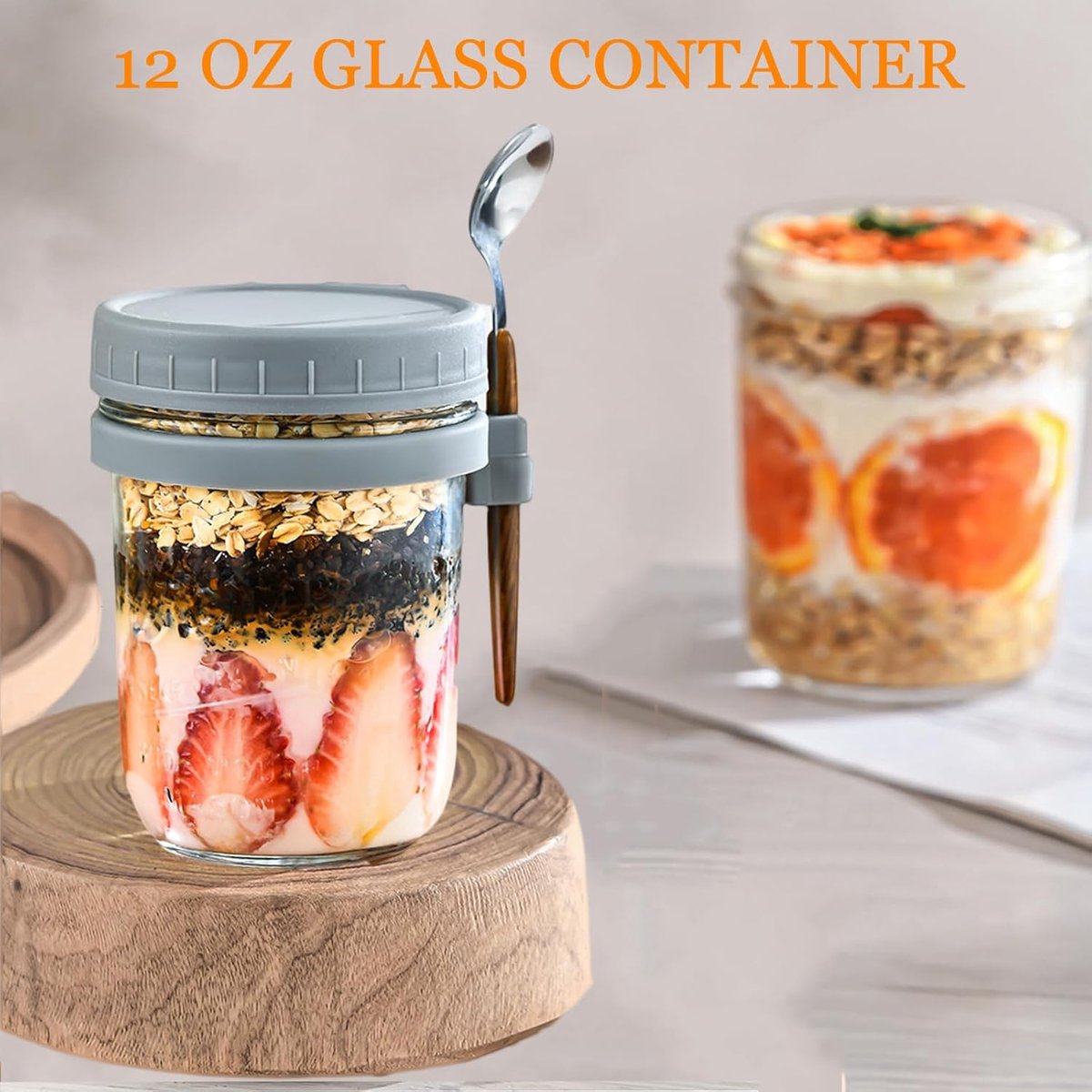 2-Pack Overnight Oatmeal Jars - With lid and spoon - 12 oz jars - For storing oatmeal overnight - With measuring lines - Large airtight jars - Also suitable for storing milk, fruit, and breakfast cereals (white + grey)